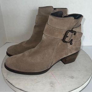 Paul Green Jano Moto Bootie stacked heel Biker Buckle Tan Suede UK Size 4.5 US 7